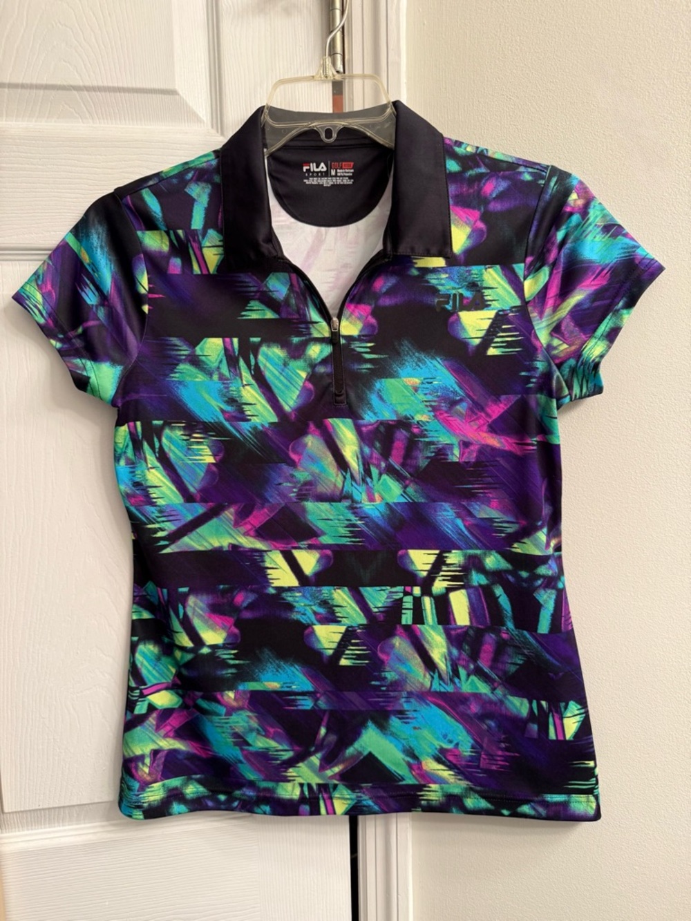 FILA Black Polo with Neon Purple, Teal & Aqua Abstract Print